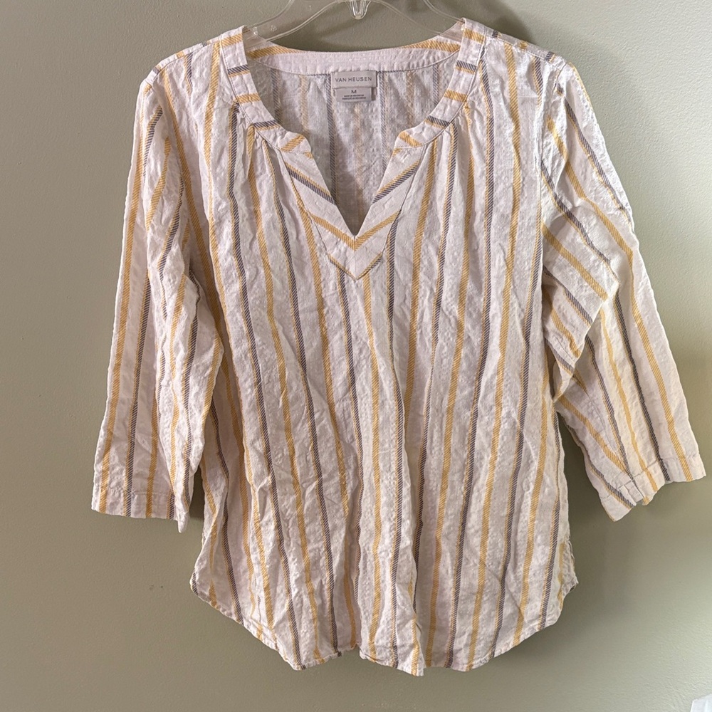 Van Heusen White & Yellow Striped V-Neck Tunic Top